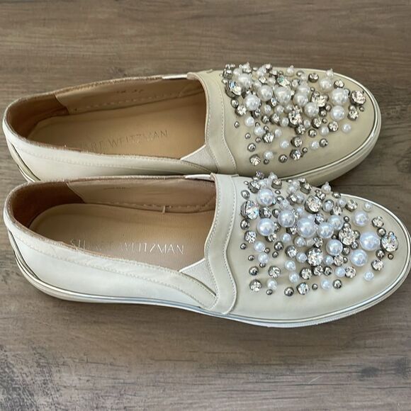 Stuart Weitzman Womens Pearl Crystal Slip-On Leather Platform Sneakers Sz 6.5 - Picture 4 of 11